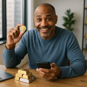 man holding a gold coin